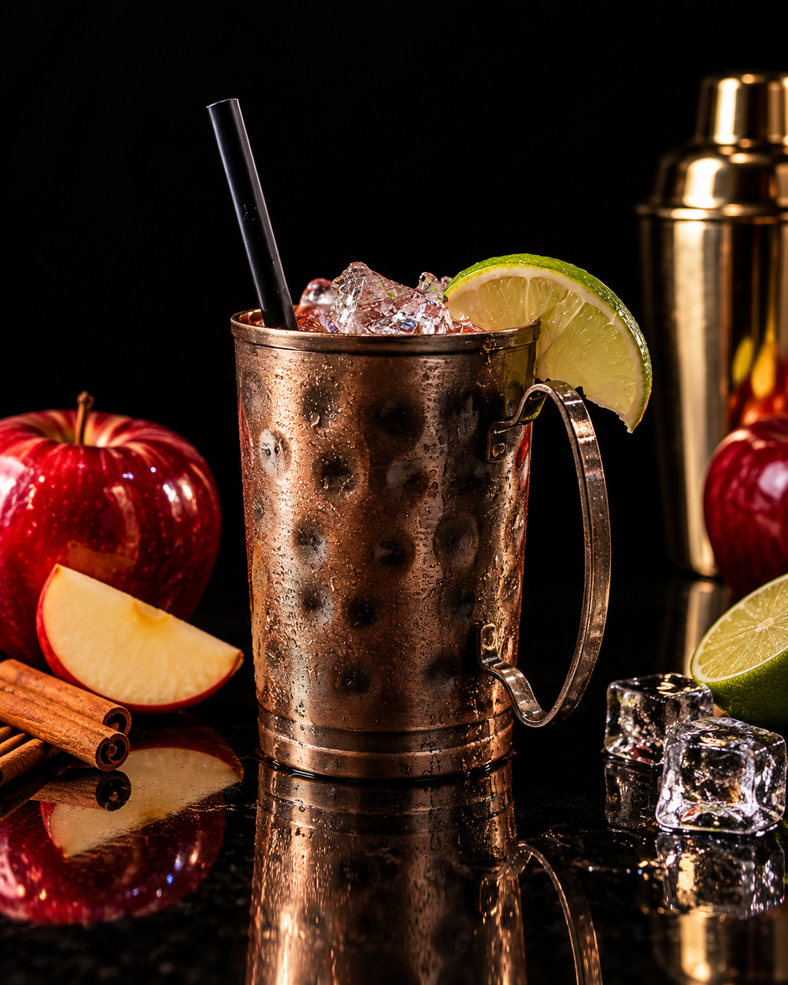 Candy Apple Mule in copper mug with apple and lime