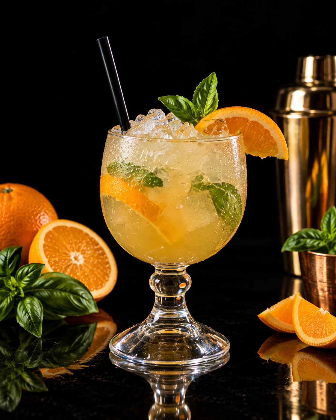 Orange Basil Crush non-alcoholic with 7-Up and fresh basil