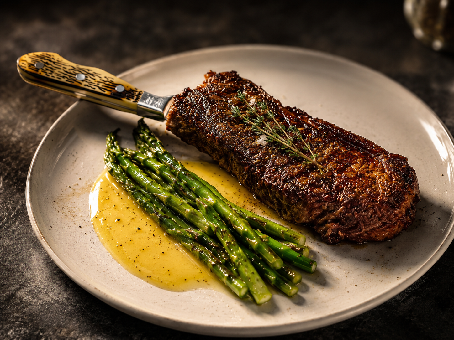 Seared steak with asparagus at FireRock Steakhouse