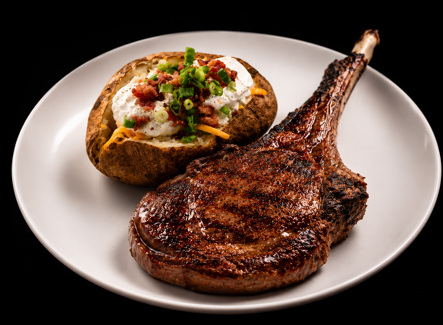 Tomahawk ribeye with baked potato at FireRock Steakhouse