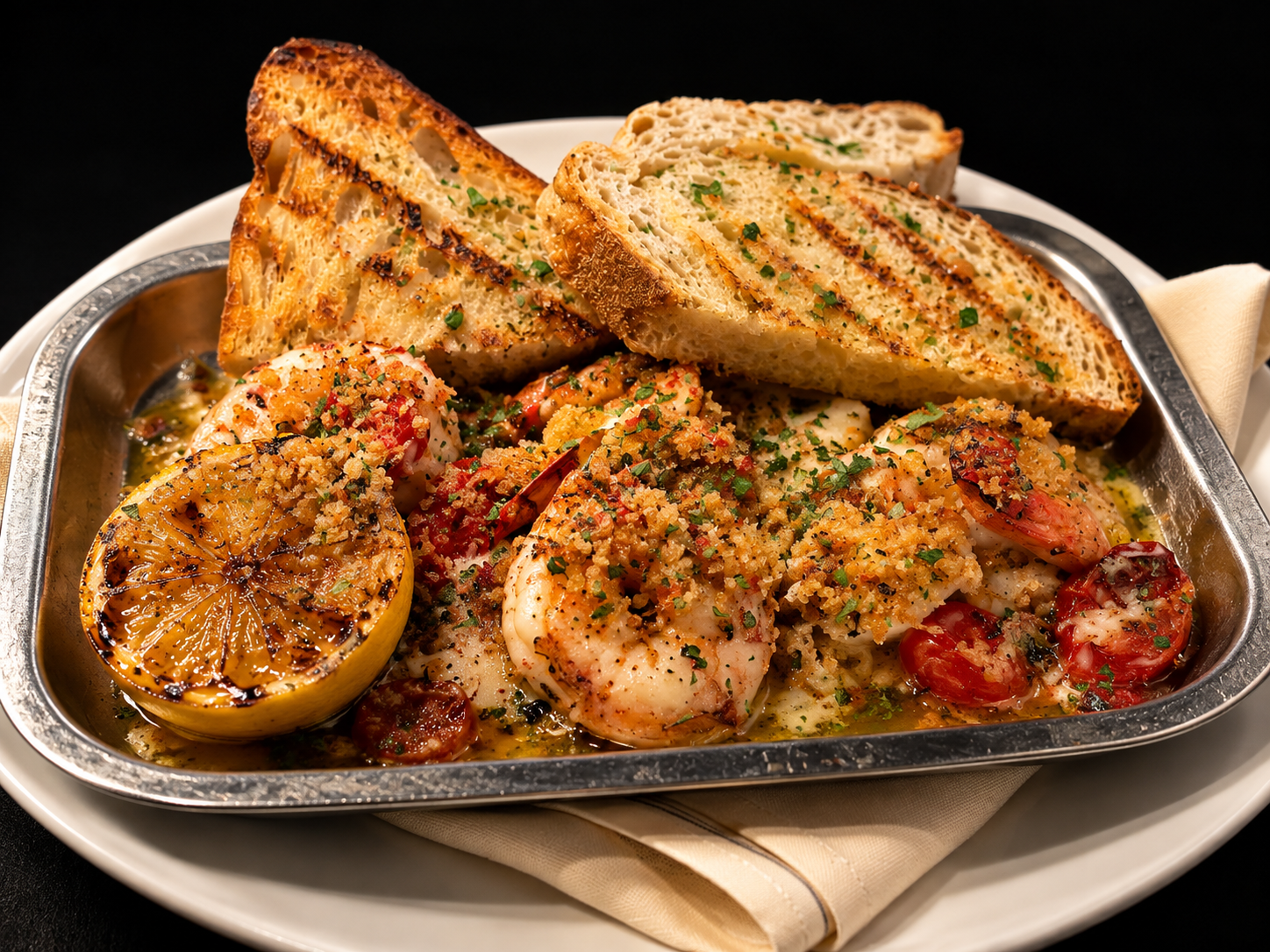 Baked Shrimp Scampi with old bay breadcrumbs and charred lemon
