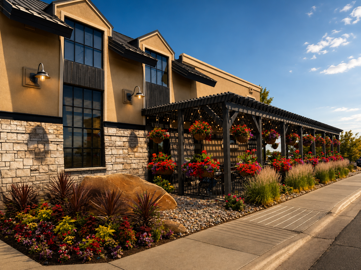 FireRock Steakhouse patio exterior with flowers and pergola